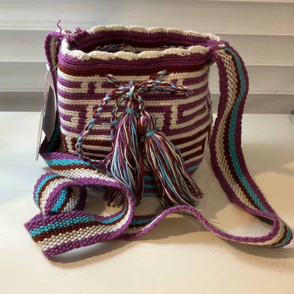 Wayuu small Mochila bags Handmade blue, purple, white and multi-colored strap